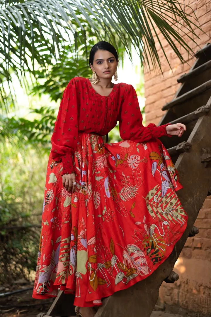 Red Embroidered Skirt Set