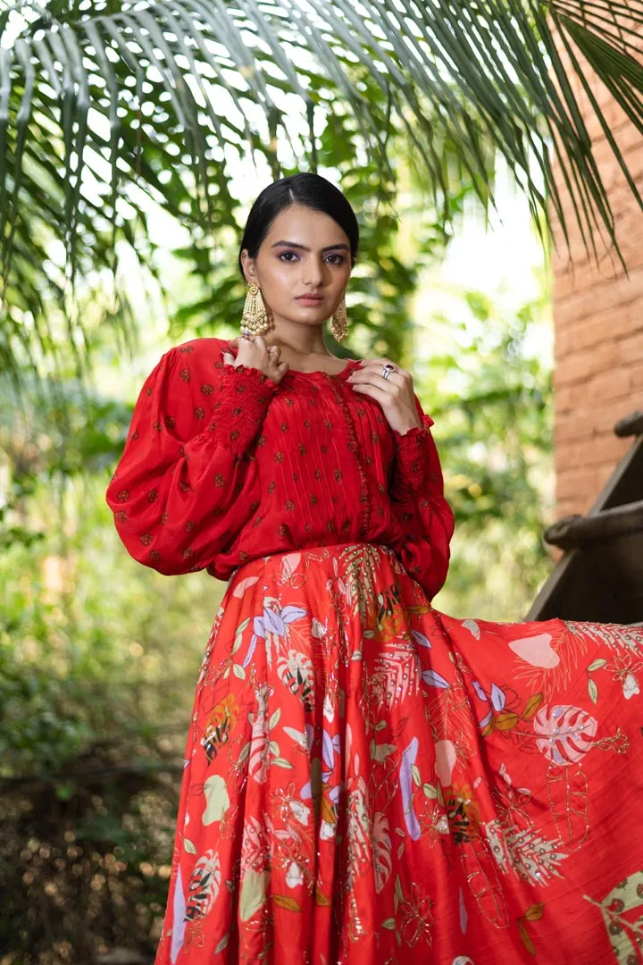 Red Embroidered Skirt Set