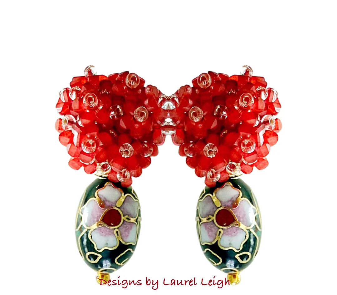 Red Hydrangea & Black Floral Cloisonné Earrings