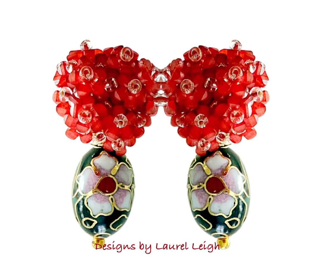 Red Hydrangea & Black Floral Cloisonné Earrings