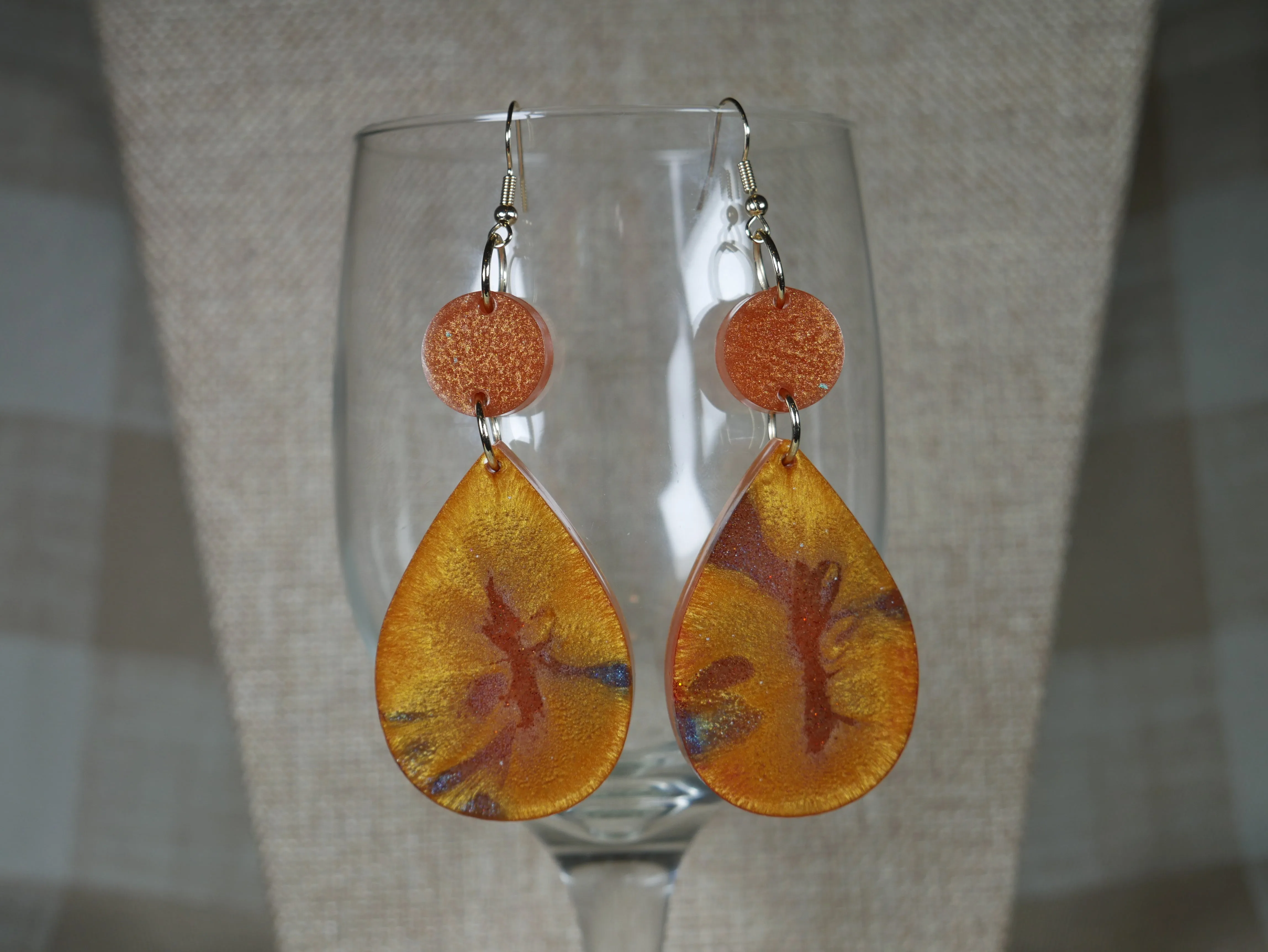 Resin Copper, Gray and Gold Colored Teardrop Shaped Earrings