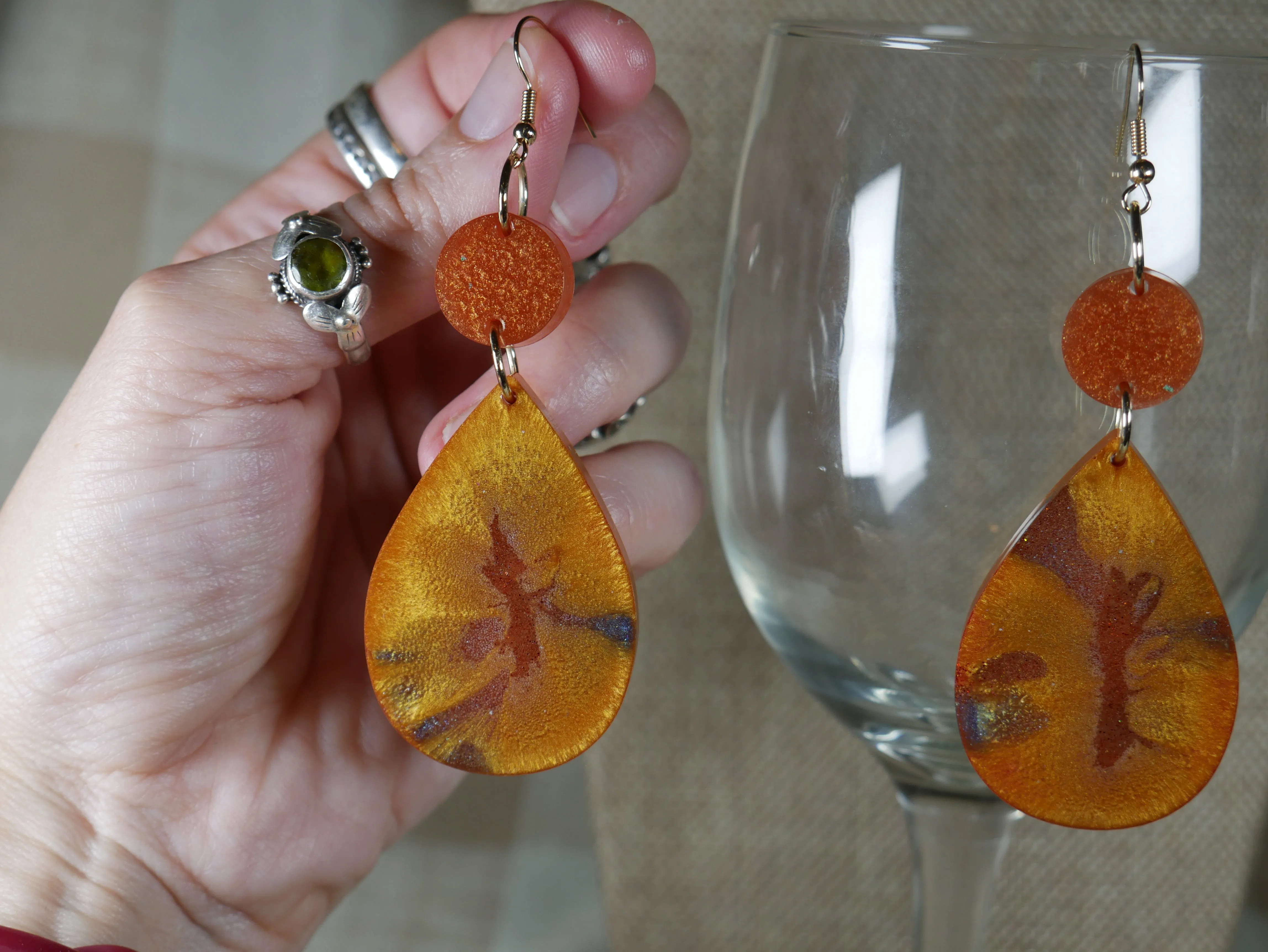 Resin Copper, Gray and Gold Colored Teardrop Shaped Earrings