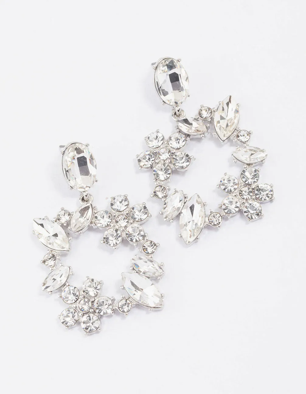 Rhodium Flower Square Drop Earrings