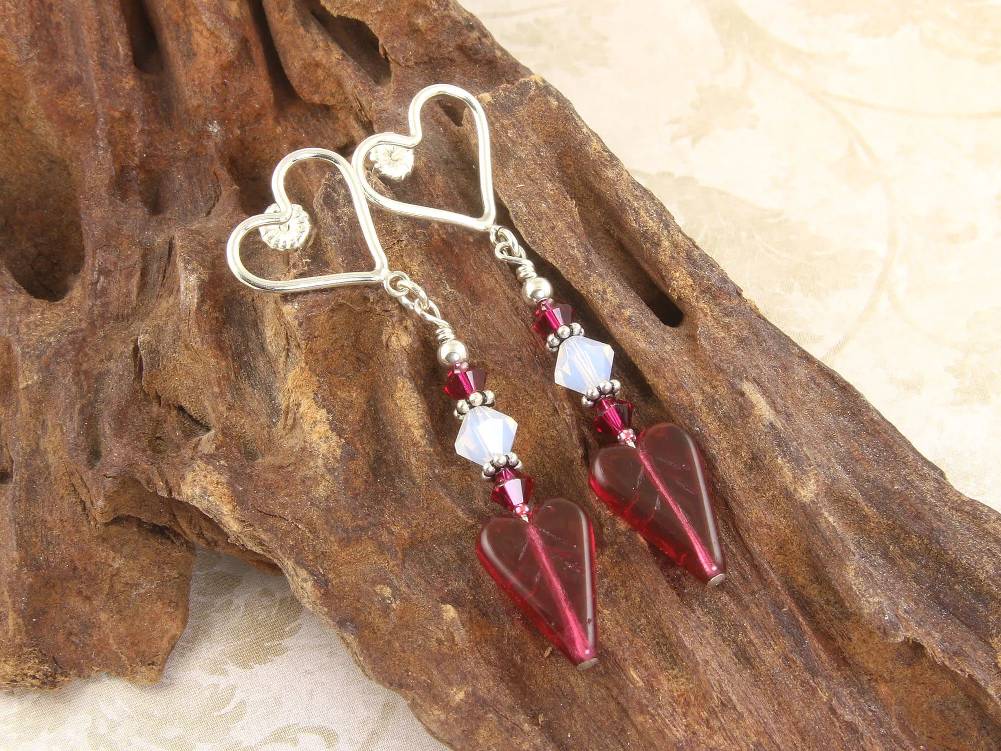 Ruby Heart Crystal Handmade Earrings