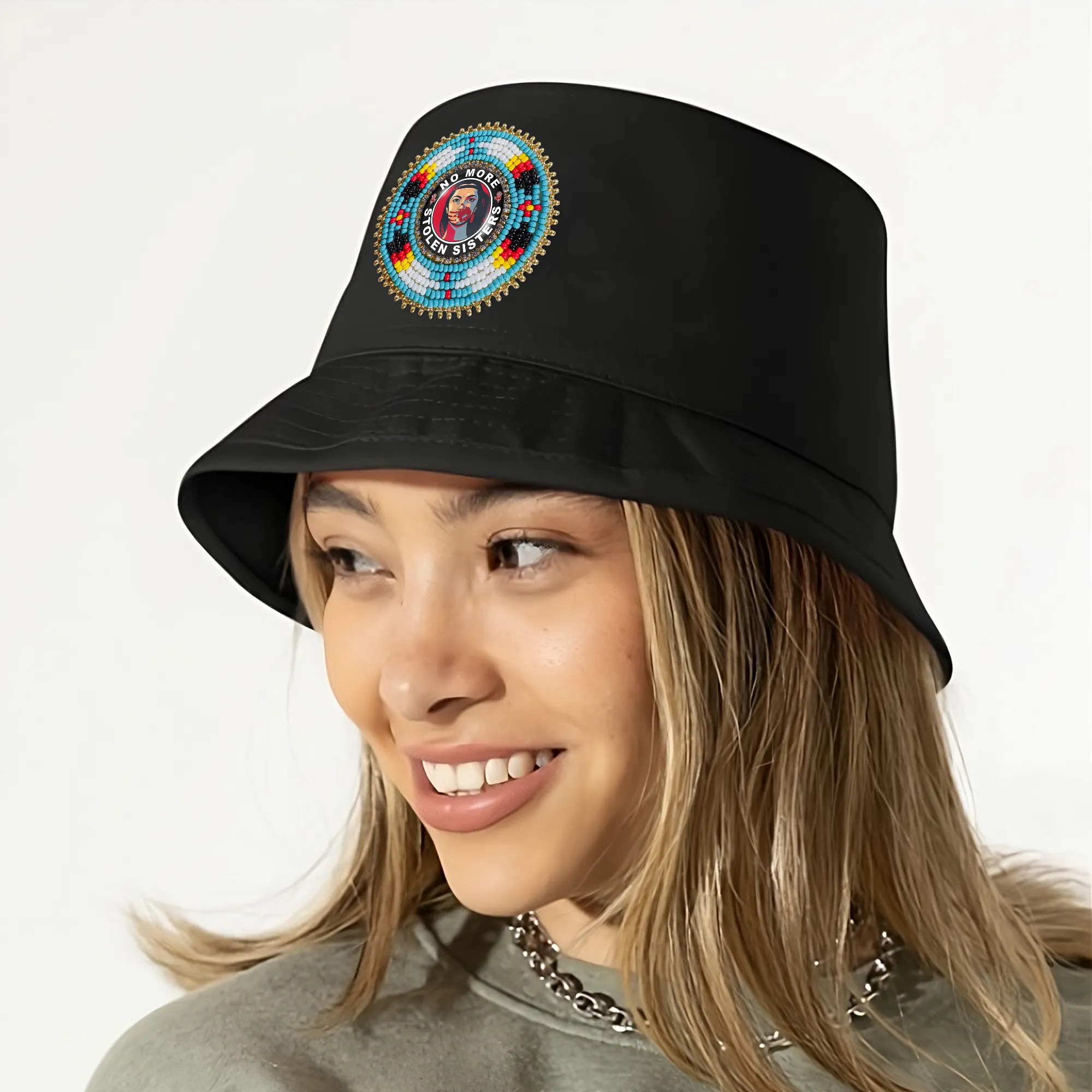 SALE 50% OFF - No More Stolen Sister Beaded Unisex Cotton Bucket Hat with Native American