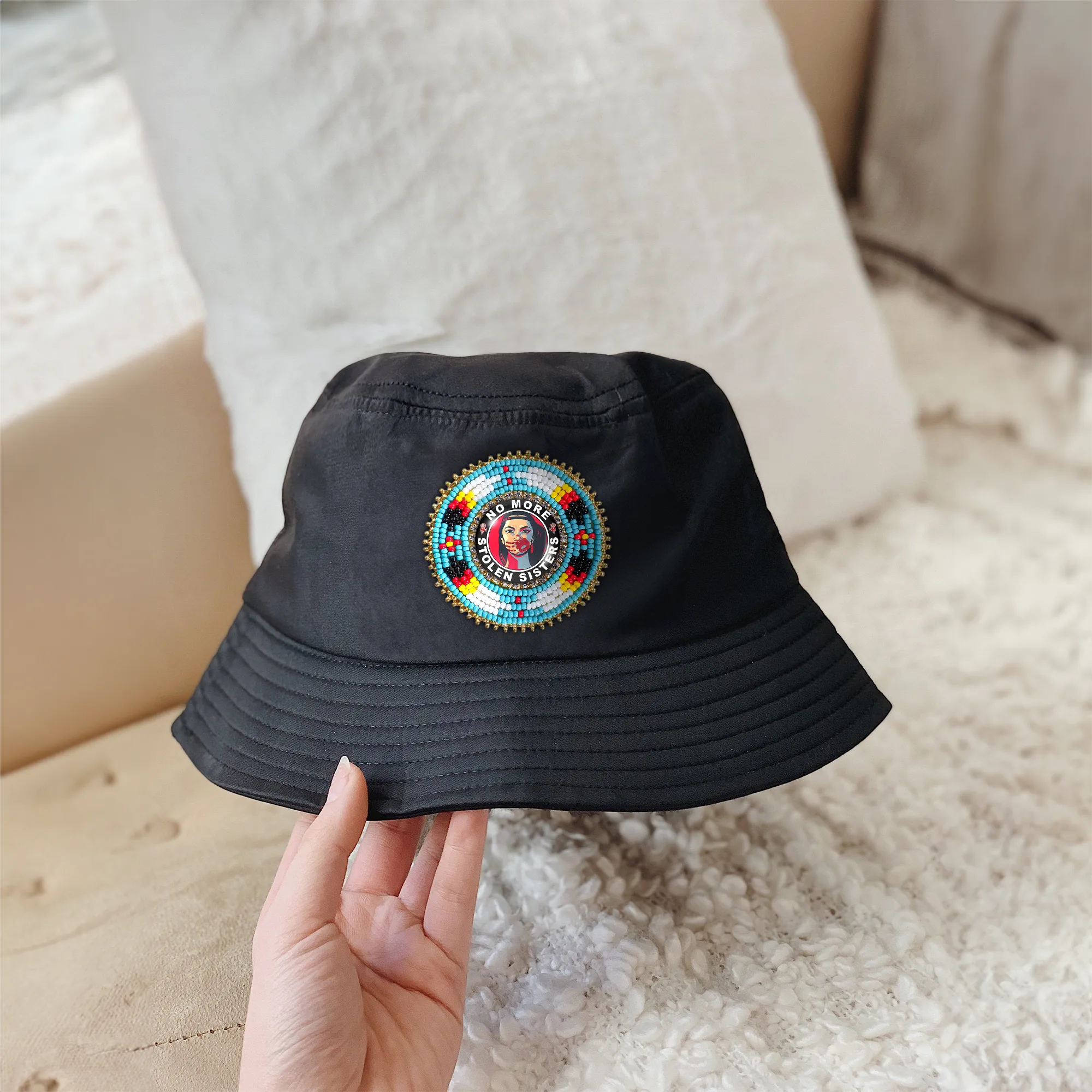 SALE 50% OFF - No More Stolen Sister Beaded Unisex Cotton Bucket Hat with Native American