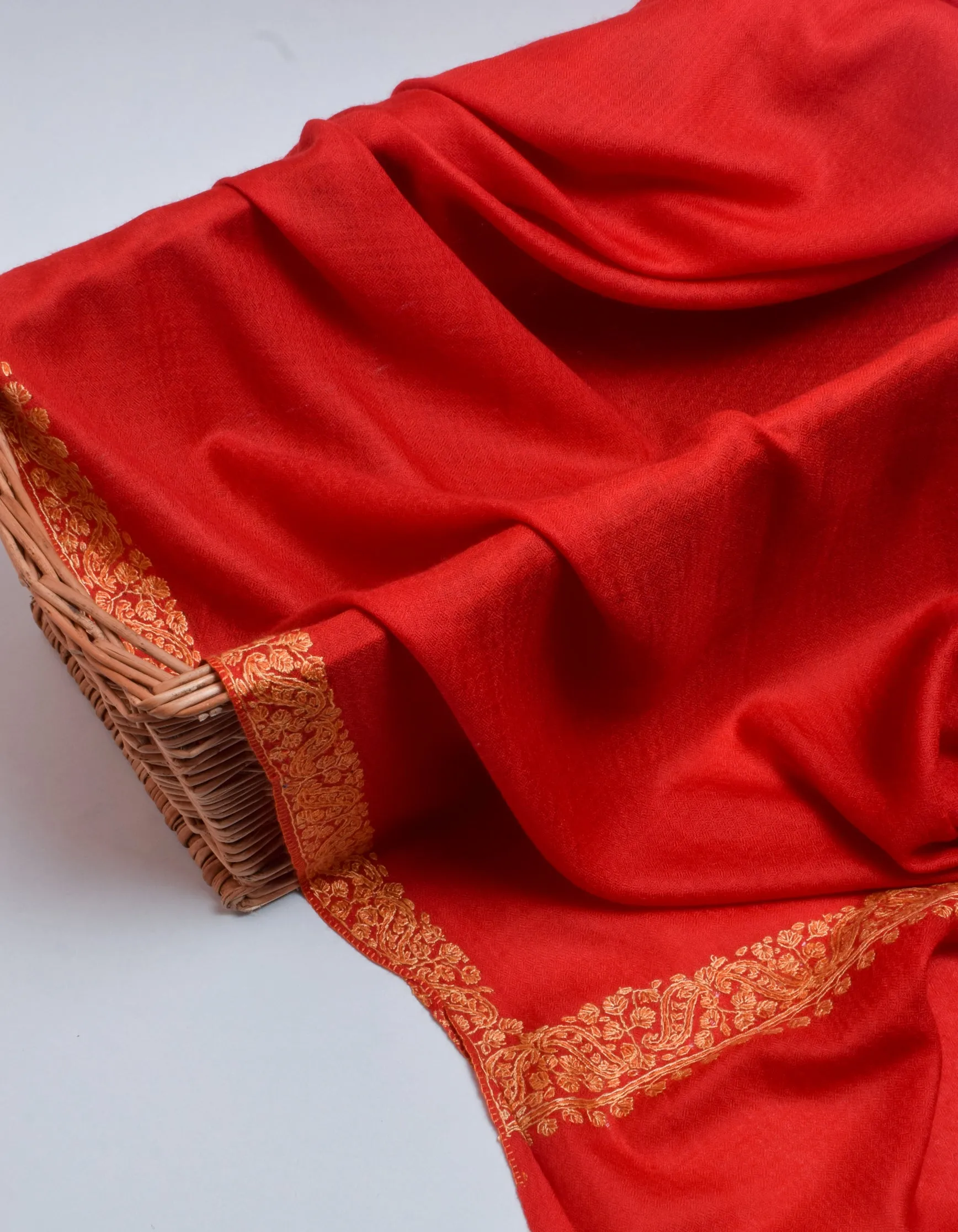 Scarlet Red Handwoven Border Embroidered Cashmere Pashmina Shawl