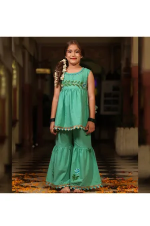 Sea Green Sequins And Pearl Embroidered Peplum Style Top With Sharara Set