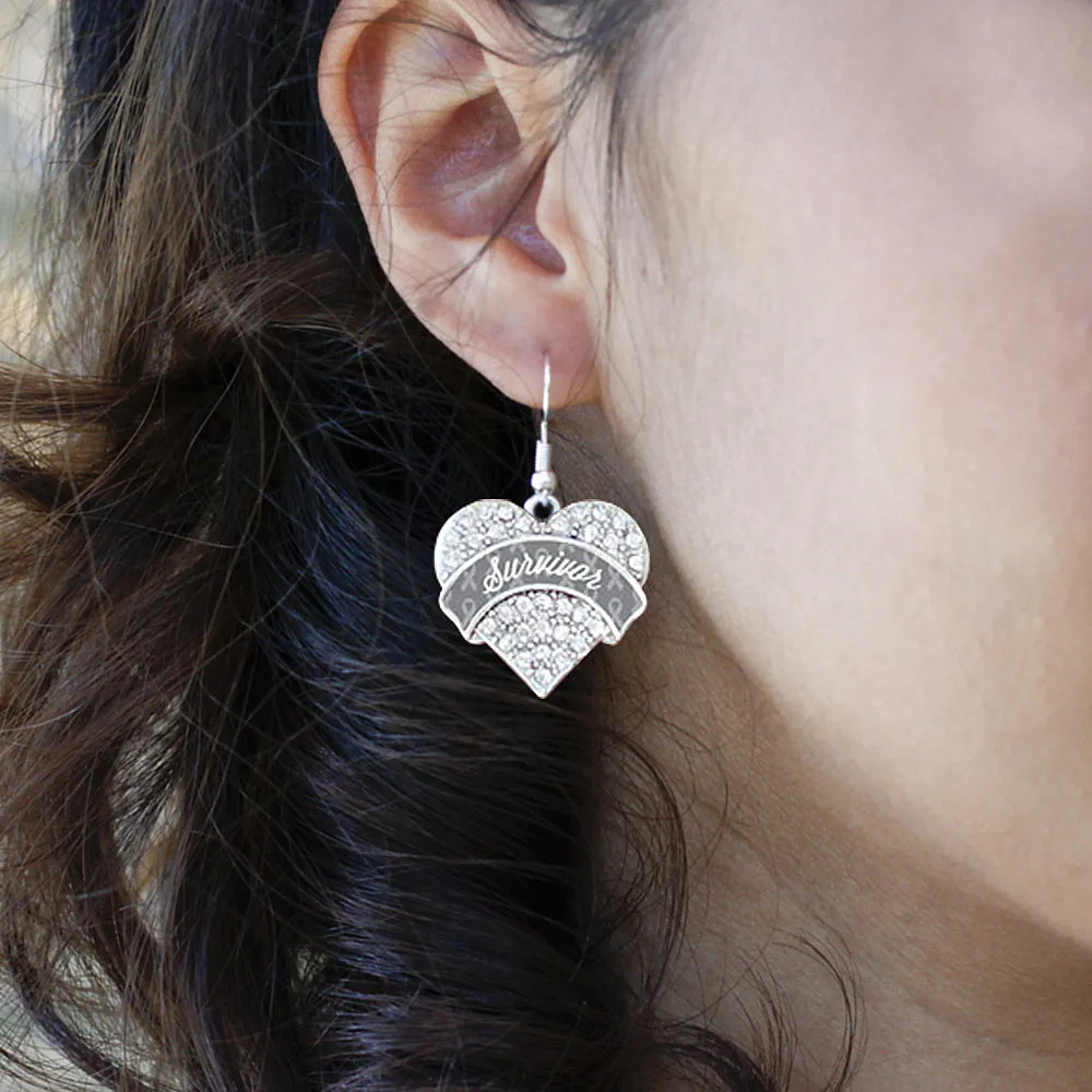 Silver Gray Survivor Pave Heart Charm Dangle Earrings