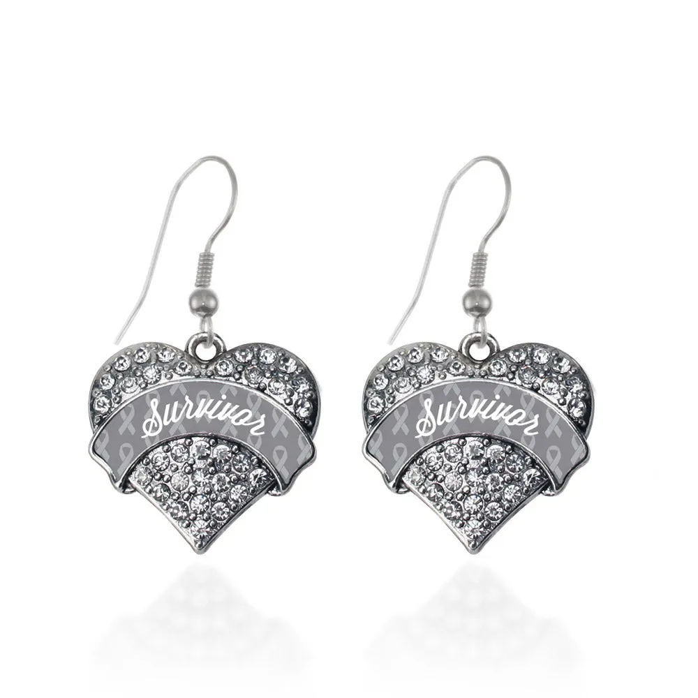 Silver Gray Survivor Pave Heart Charm Dangle Earrings