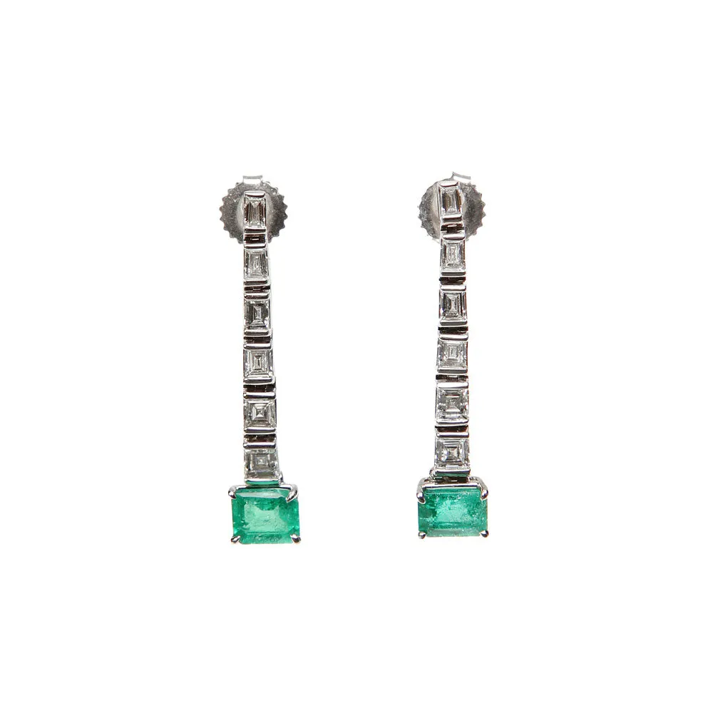 Step Cut Drop Emerald and Diamond Earrings