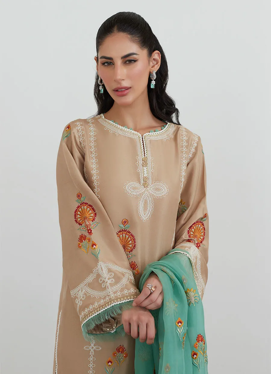 Tara Collection 23 - Latte Embroidered Shirt With Organza Dupatta