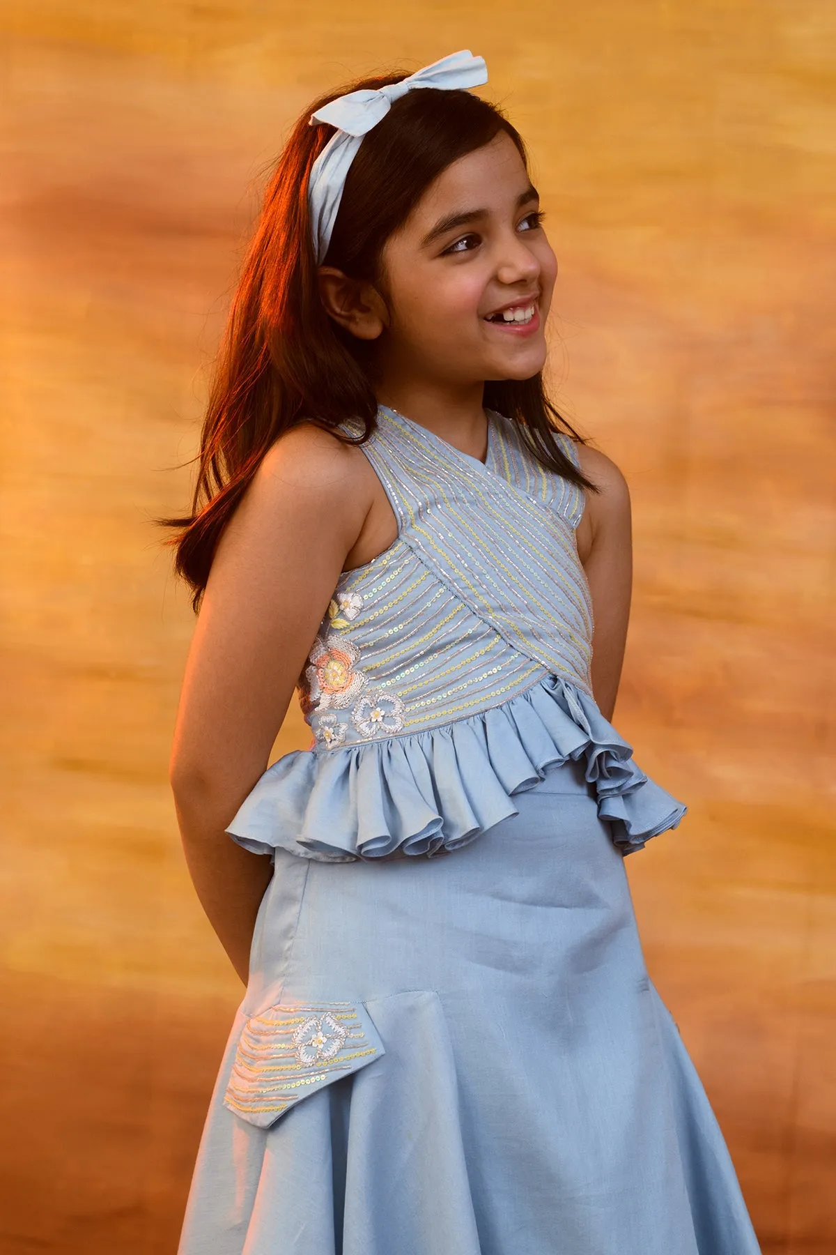 Tinsel & Glitter- Hand Embroidered Halter Top With Skirt Set For Girls