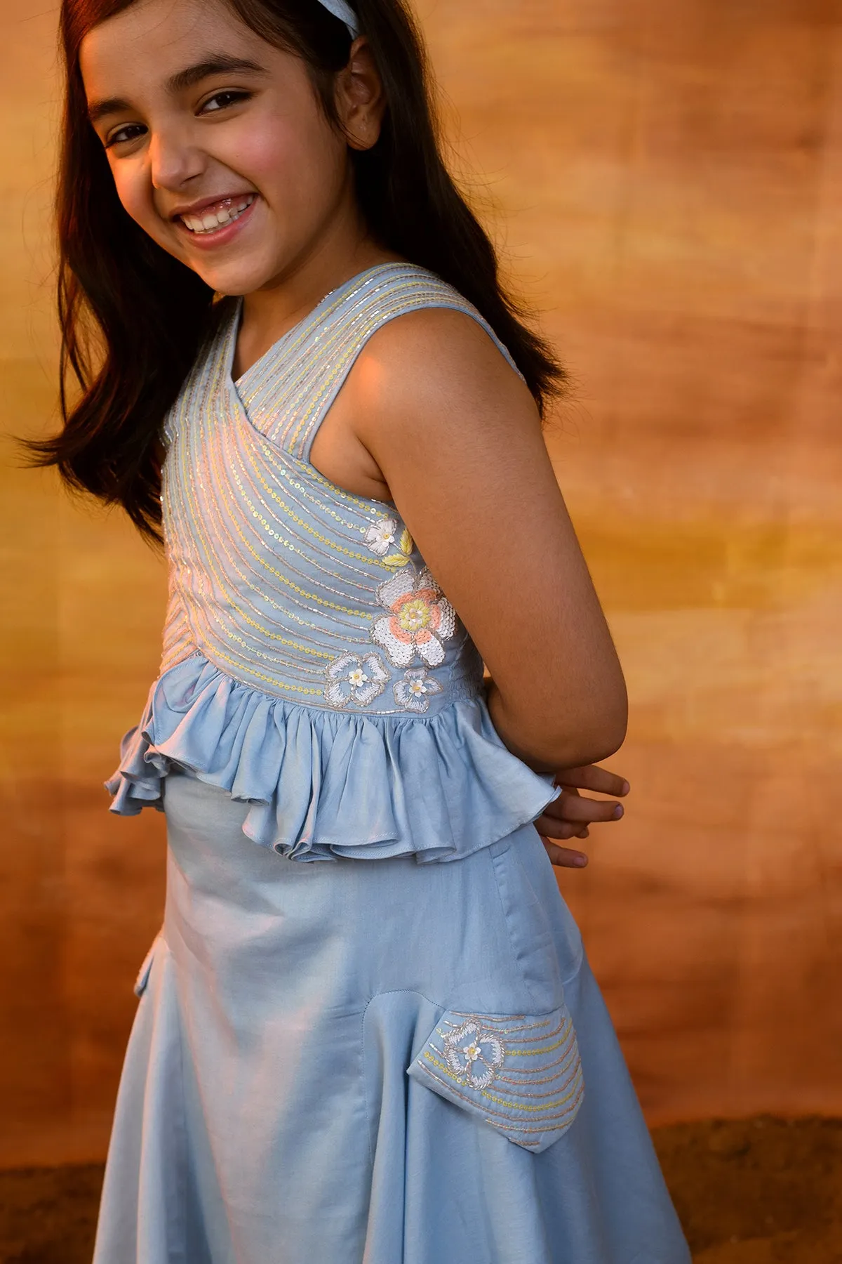 Tinsel & Glitter- Hand Embroidered Halter Top With Skirt Set For Girls