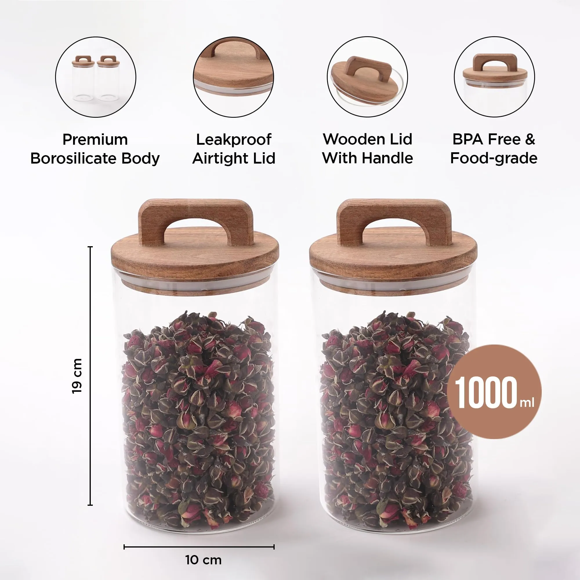 UMAI 1000ml Glass Jars with Wooden Lid, Set of 2 | Airtight Kitchen Storage Containers | Moisture & Dust Proof | Cookies Spices Tea Coffee Sugar Dry Fruits Organizer | Transparent Jar with Handle