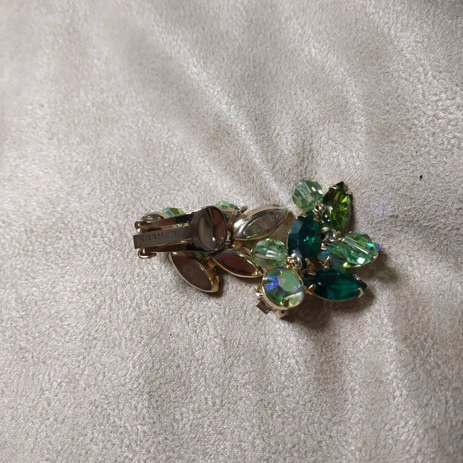 Vintage Kramer Earrings Green Crystal Clip On