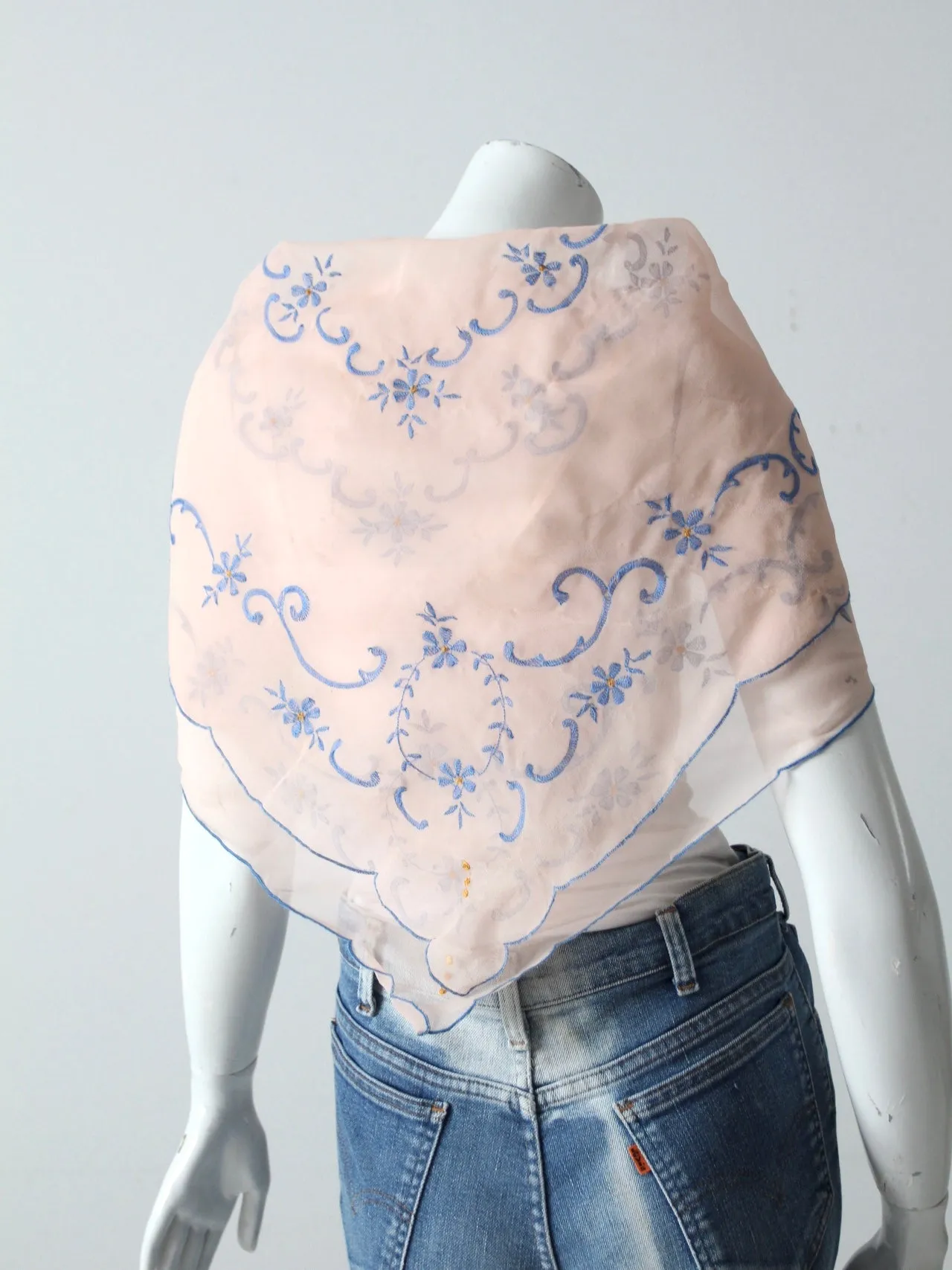 vintage sheer pink scarf with embroidery