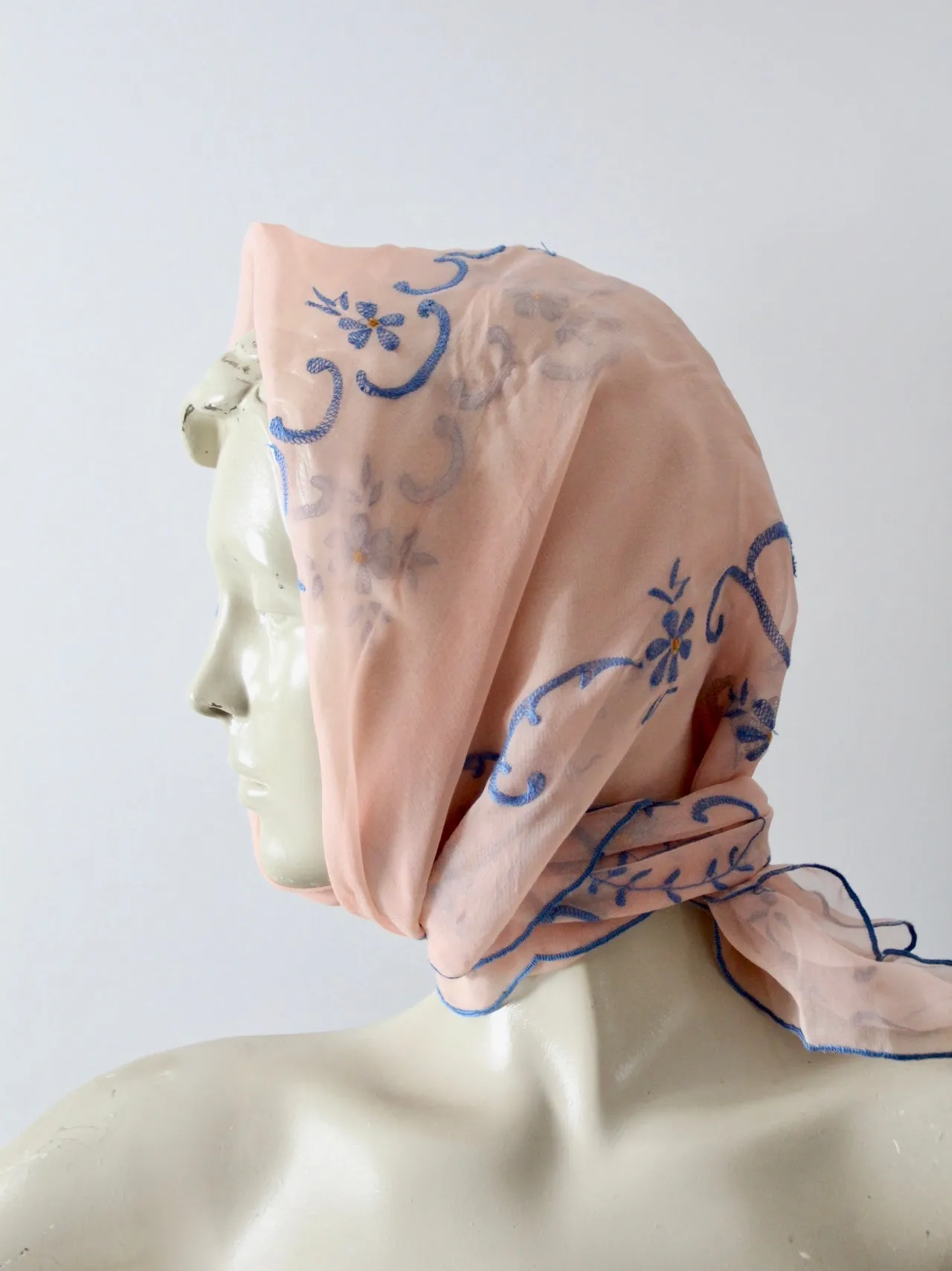 vintage sheer pink scarf with embroidery