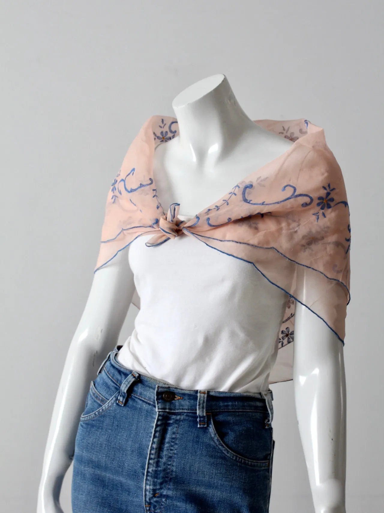 vintage sheer pink scarf with embroidery