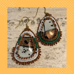 White, Black Copper and Green Earrings