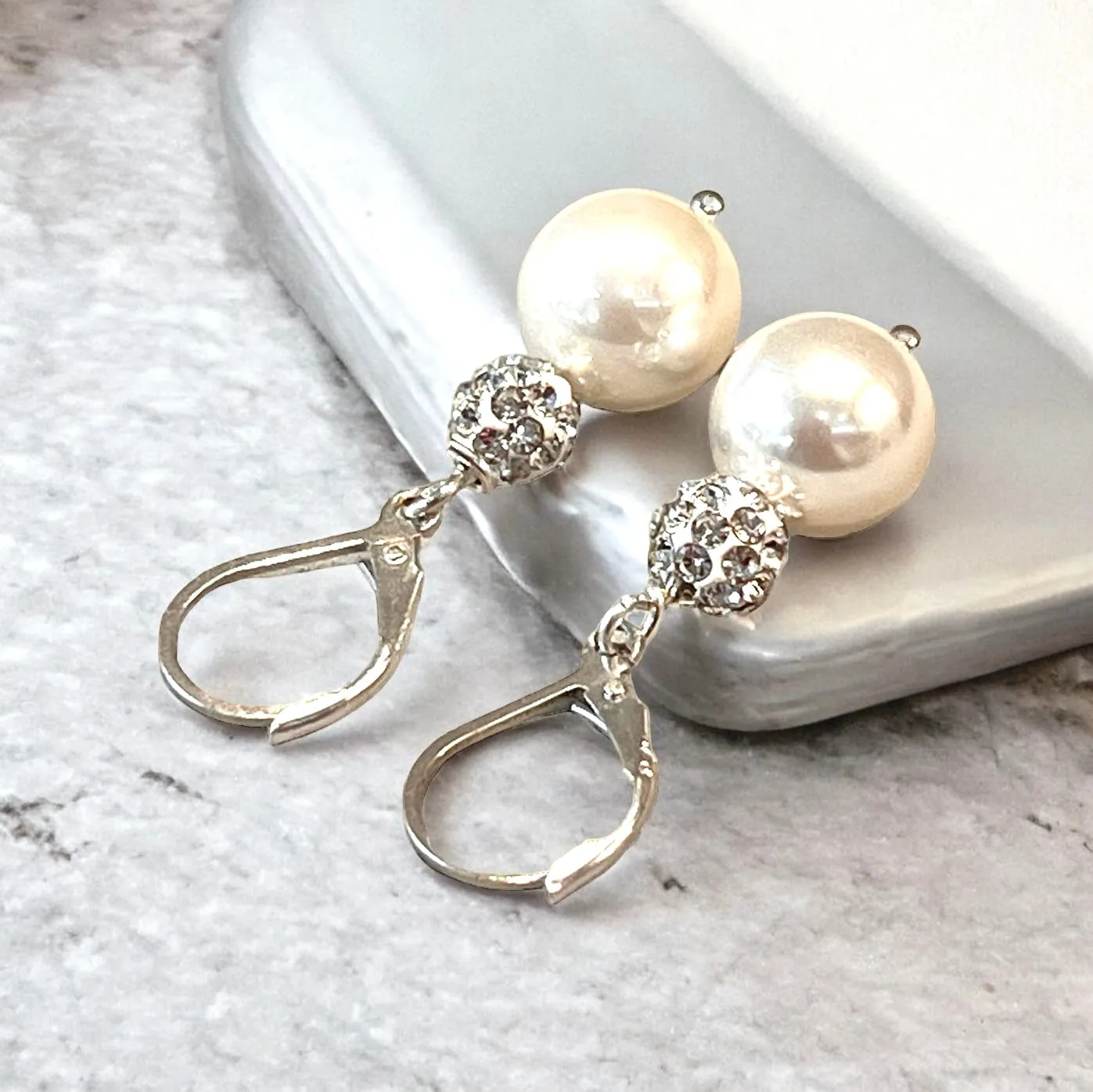 White Mother Of Pearl and Crystal Drop Earrings