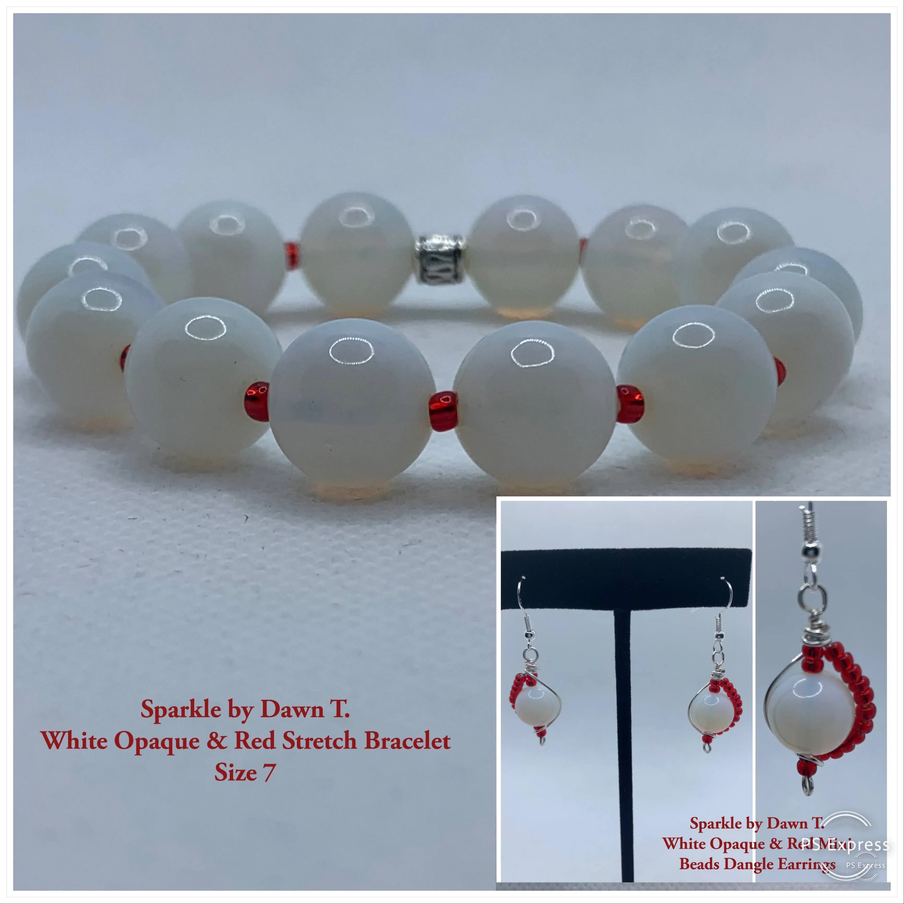 White Opaque and Red beaded Stretch Bracelet with matching earrings