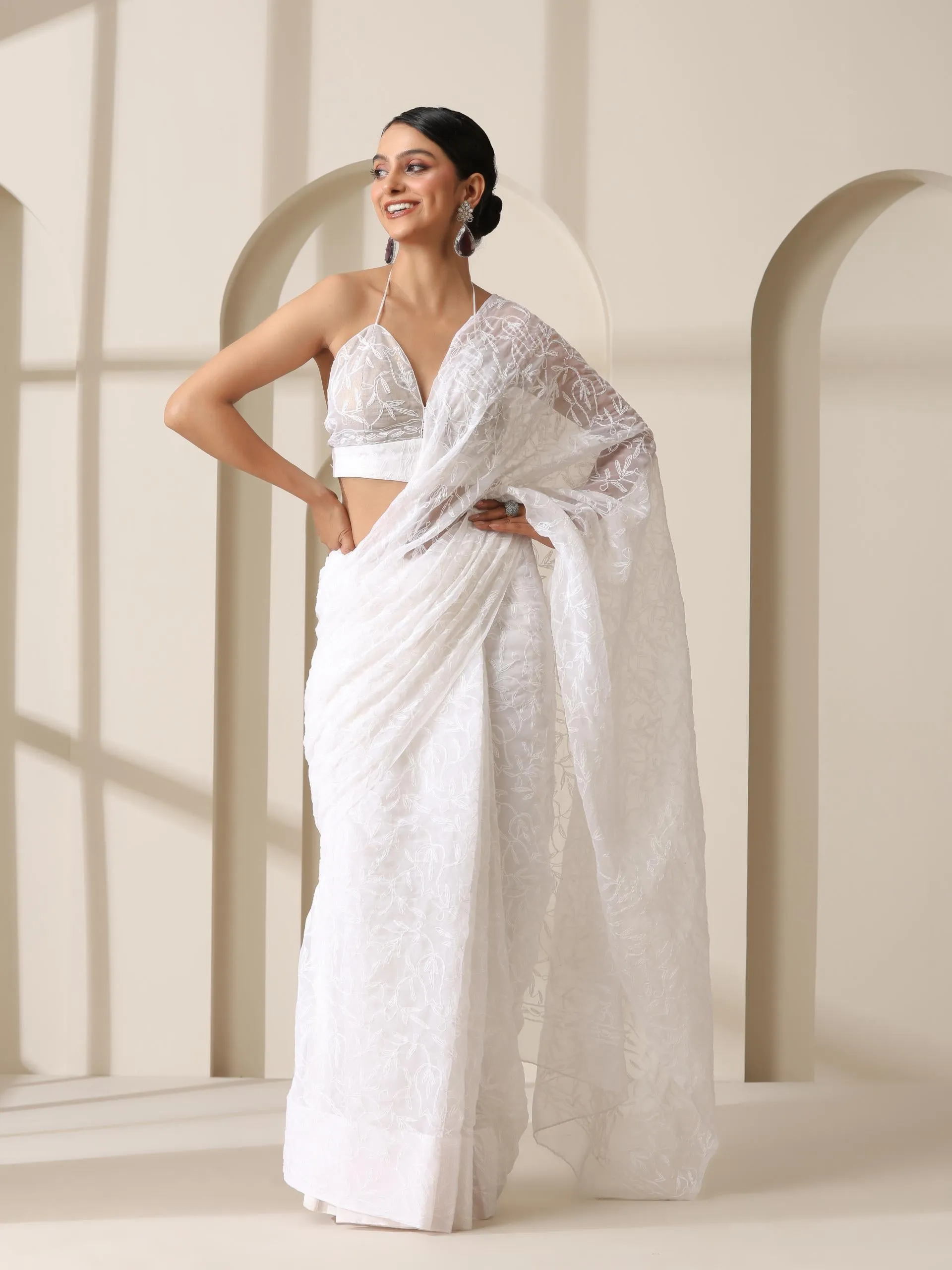 White Tepchi Hand Chikankari Pure Georgette Saree with Blouse Fabric