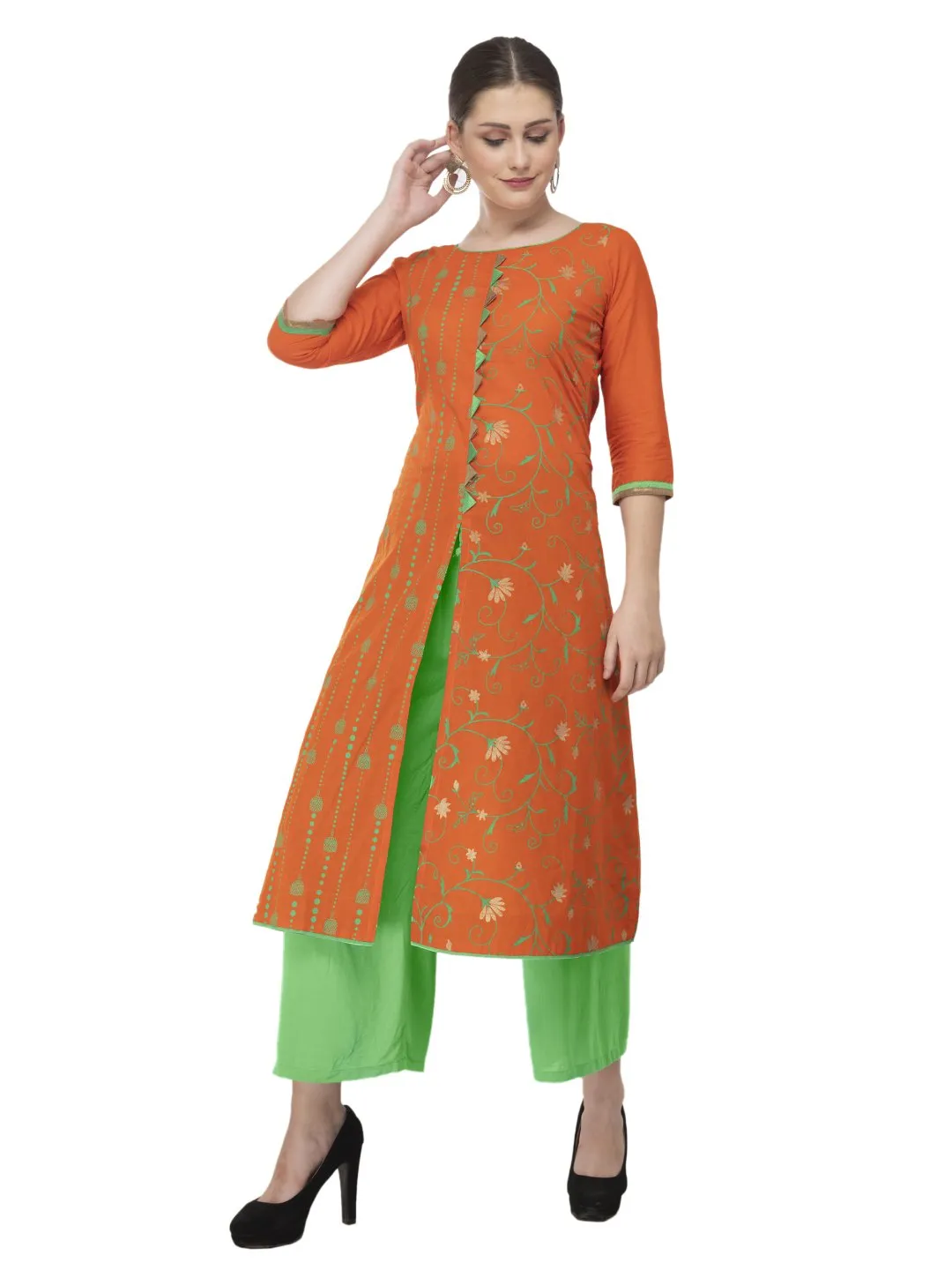 Women Orange Front Open Ajrakh Hand Block Printed Cotton Straight Kurta