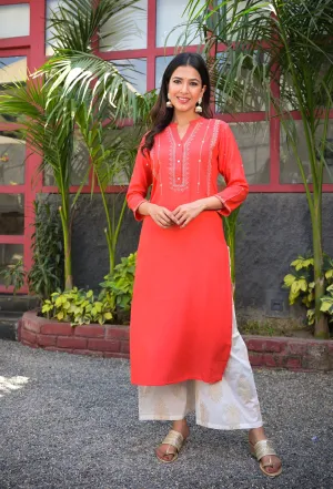 Women Peach & White Embroidered Kurta Set