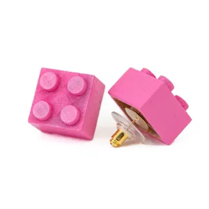 Wooden Brick 2x2 Stud Earrings PINK