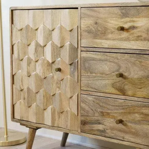 Wooden Twist Pentagonal Hand-Carved Sideboard Cabinet with 1 Door & 3 Drawers