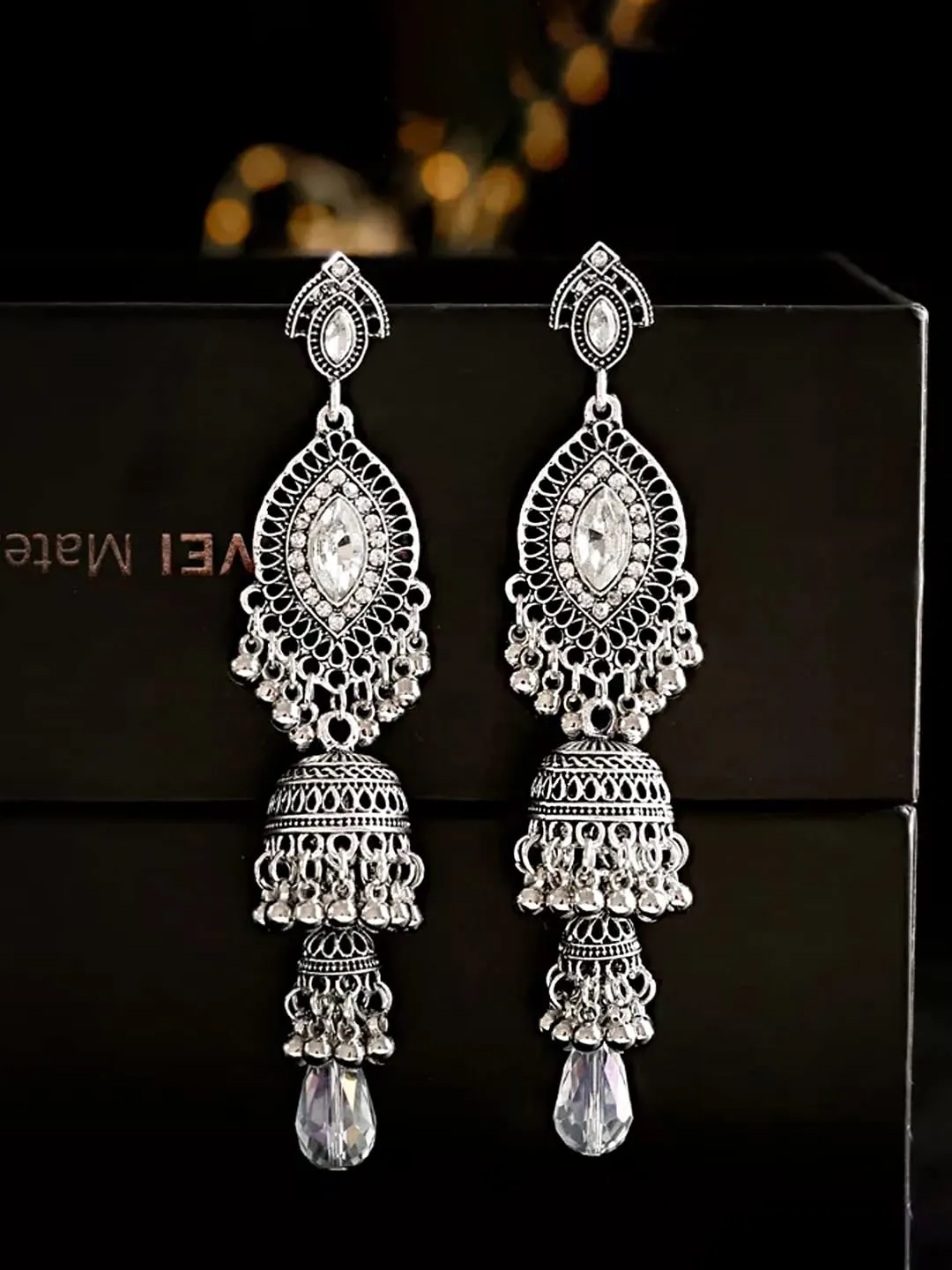 Yellow Chimes Earring For Women Silver Tone Antique Bohemian Crystal Studded Jhumka Designed Dangler Earring For Women and Girls